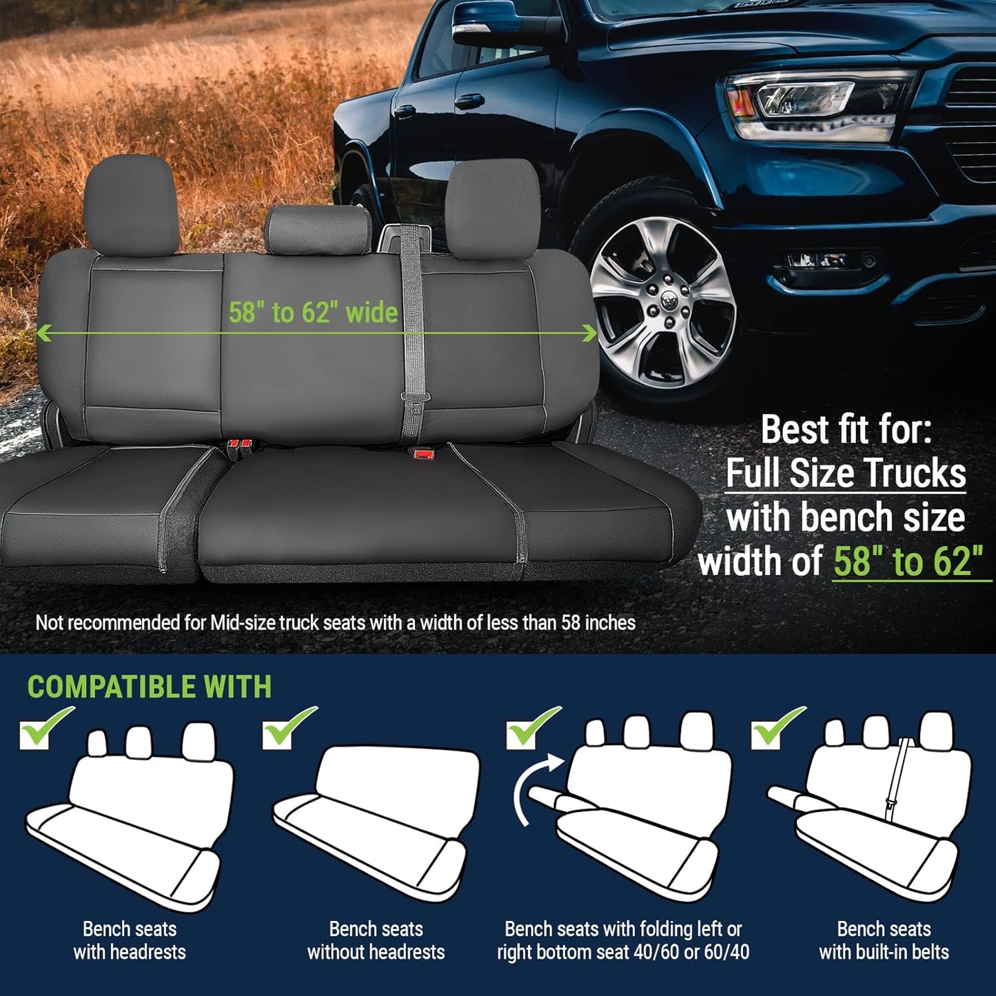 Season Guard Truck Bench Seat Cover; Universal Design Fits Silverado F-150 Ram Sierra Titan Tundra Full-Size Pick-up Trucks; Faux Leather; All Folding Bench,Split or Standard Seats, Black (1370036SG)