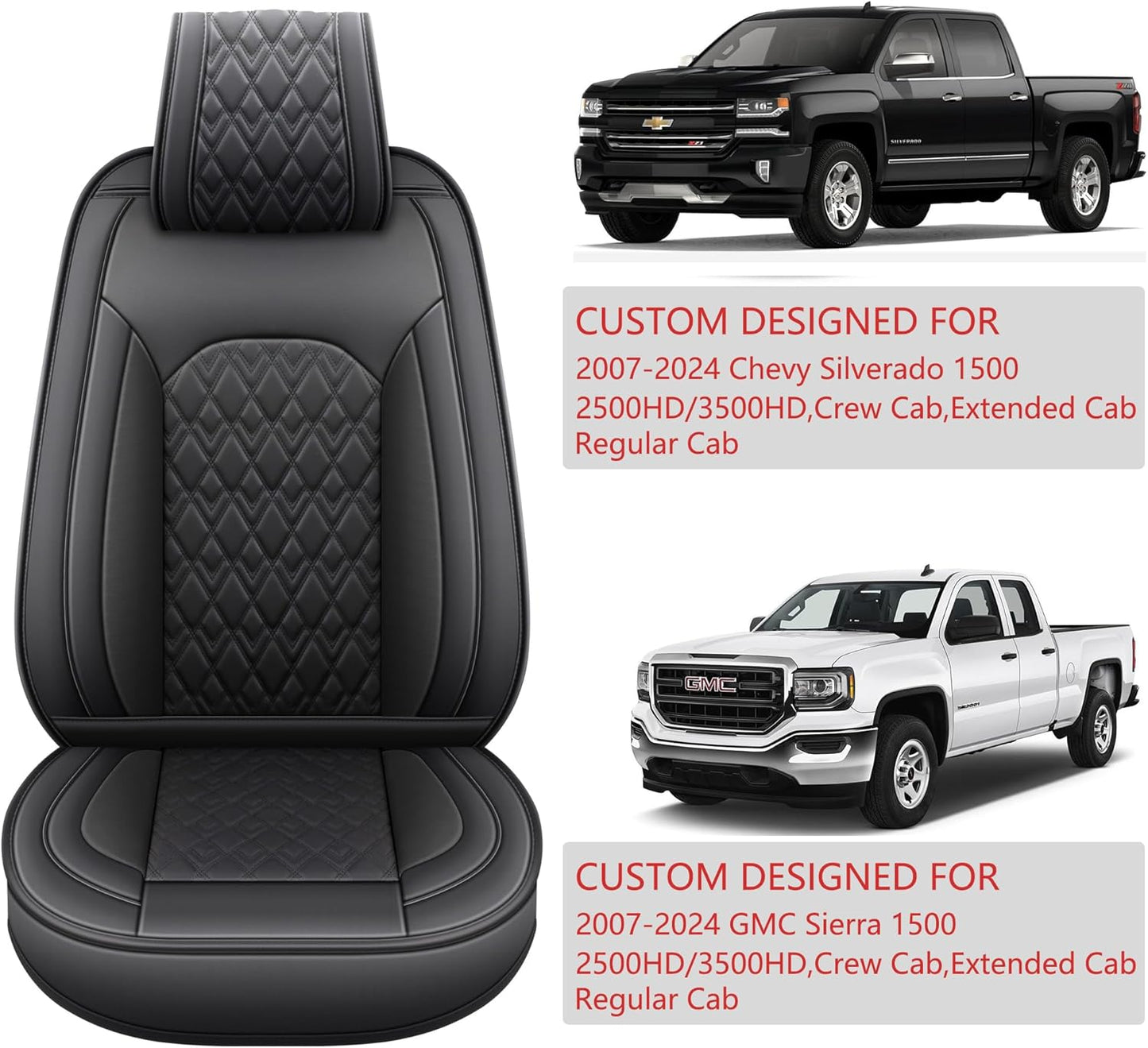 JOJOBAY Chevy Silverado Seat Covers,Leather Seat Covers for GMC Sierra,Custom Fit 2007-2025 1500 2500HD 3500HD Crew Double Extended Regular Cab,LT LZT RST Trail Boss(Front Pair,Black)
