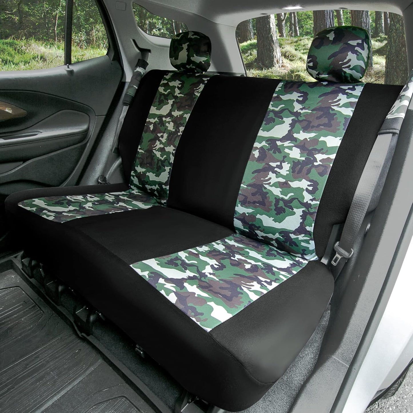 FH Group Full Set Hunting Print Cloth Car Seat Covers - Universal Fit, Low Back Front Seat Covers, Solid Back Seat Cover, Washable Seat Cover for SUV, Sedan, Van, Green