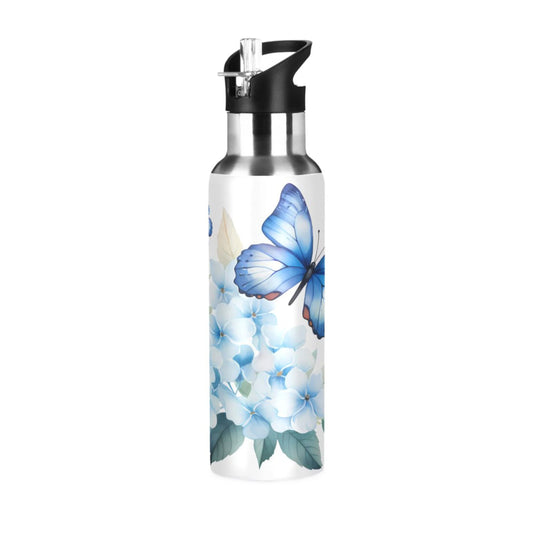 Water Bottle with Straw Lid Leak Flowers and Blue Butterflies Stainless Steel Insulated Thermos Vacuum Flask for Cold Hot Drinking for Sports Camping Gym Yoga