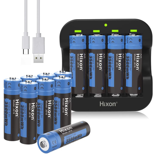 Hixon Lithium Rechargeable AA batteries 12-Pack 1.5v Constand 3500mWh AA Li-ion Batteries with Black Charger