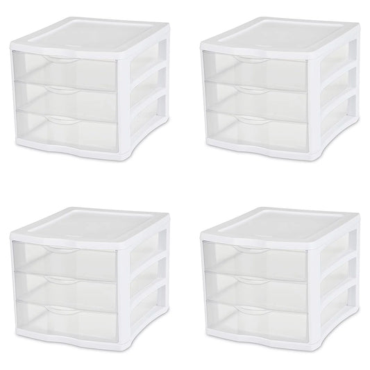 Sterilite ClearView Stacking 3 Drawer Storage Organizer System, (4 Pack)