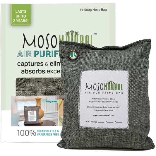 MOSO NATURAL: The Original Air Purifying Bag 500g. for Kitchen, Basement, Bedroom, Family Room. an Unscented, Chemical-Free Odor Eliminator. (Charcoal)