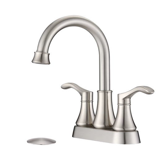 PDPBath Brushed Nickel Centerset 4 Inch Bathroom Sink Faucet 2 Handle Bathroom Faucet 360° Swivel Spout Deck Mounted Vanity Faucet with Pop up Drain Water Supply Hoses