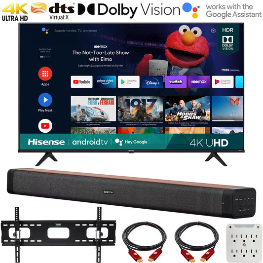Hisense 43A6G 43 Inch A6G Series 4K UHD Smart Android TV with Dolby Vision HDR 2021 Bundle with Deco Home 60W 2.0 Channel Soundbar, 37-100 TV Wall Mount Bracket Bundle and 6-Outlet Surge Adapter