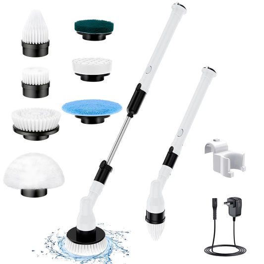 InnOrca Electric Spin Scrubber 2024 New Cordless Power Cleaning Brush with 7 Replacement Brush Heads, Shower Cleaning Brush with Extension Arm for Bathtun Grout Floor Tile, White & Black