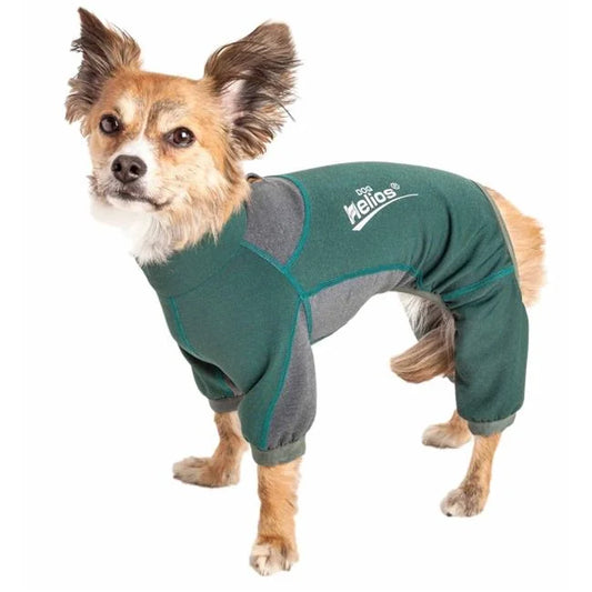Rufflex 4-Way-Stretch Breathable Full Bodied Performance Dog Warmup Track Suit - Green & Grey, Small
