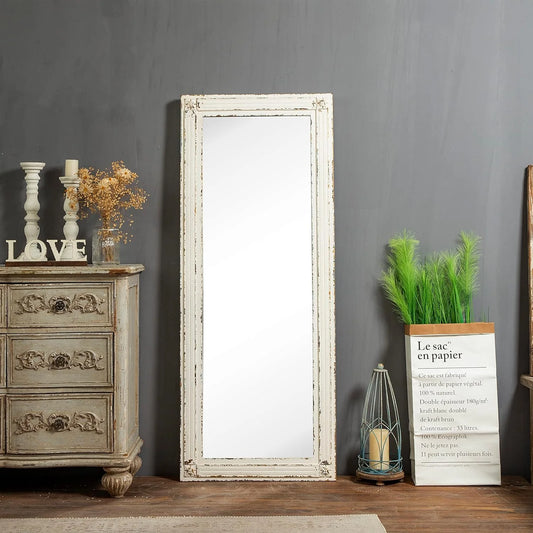 Sintosin Farmhouse Wooden Rectangle Full Length Mirror Standing 60 x 24, Hanging Rustic Solid Framed Full Body Floor Mirrors for Wall, Vintage Distressed White Dressing Living Room Mirror