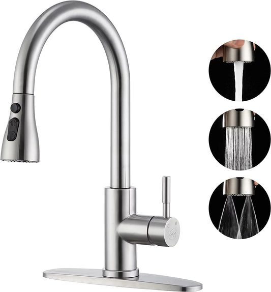 Kitchen Faucet with Pull Down Sprayer Brushed Nickel - High Arc Stainless Steel Kitchen Sink Faucet, 3-Function Pull Out Kitchen Faucet, Single Hole Single Handle Modern Kitchen Sink Faucet, GAGALIFE