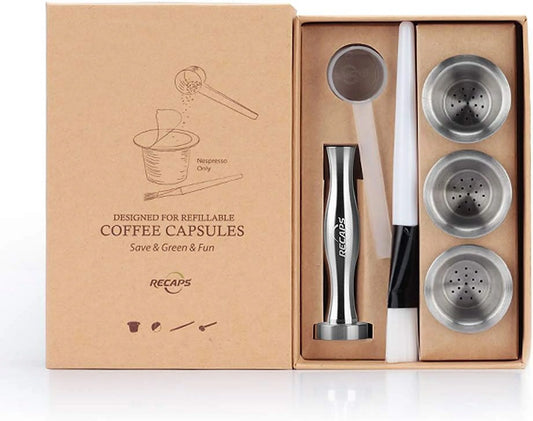 RECAPS Reusable Coffee Filter Capsules Compatible with Nespresso Original 3PCS Refillable Coffee Pods Permanent Coffee Filter Stainless Steel 120PCS Aluminum Foil Lids Coffee Tamper