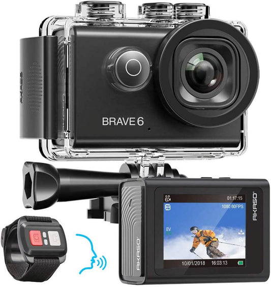 AKASO Brave 6 Action Camera 4K 20MP WiFi Voice Control EIS 100 feet Underwater Waterproof Camera Remote Control 6X Zoom Underwater Camcorder with 2 Batteries and Helmet Accessories Kit