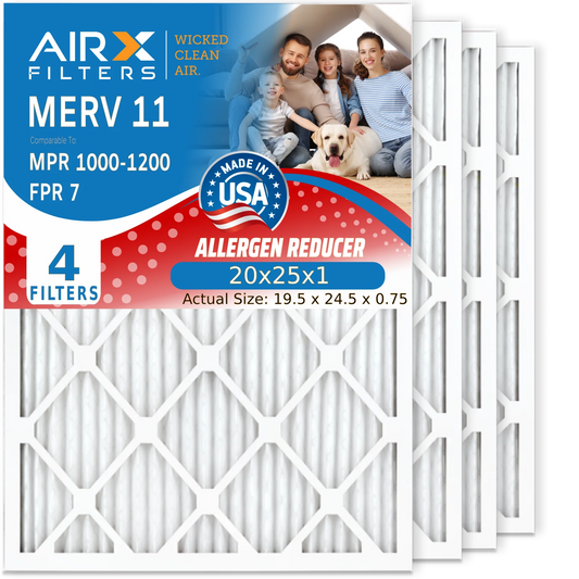 20x25x1 Air Filter MERV 11 Comparable to MPR 1000, MPR 1200 & FPR 7 Electrostatic Pleated Air Conditioner Filter 4 Pack HVAC Premium USA Made 20x25x1 Furnace Filters by AIRX FILTERS WICKED CLEAN AIR.
