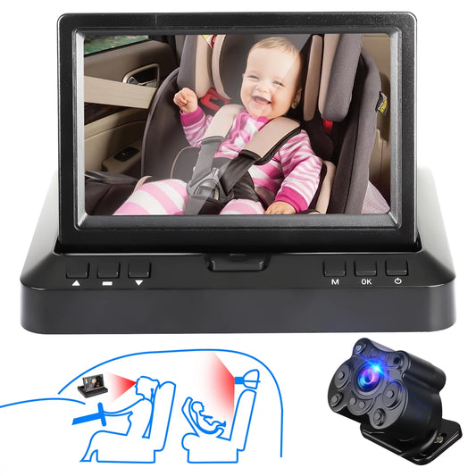 TSV Baby Car Camera, Baby Car Mirror for Back Seat with 4.3-Inch HD Monitor, Night Vision, 170° Wide Angle Clear View, Safety Car Seat Monitor for Rear Facing Observe the Baby's Every Move