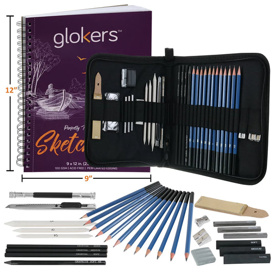 33-Piece Sketching Art Set by Glokers, Shading, Sketching & Drawing, 100 Sheet Sketch Pad, Eraser, Smudging Stump, Tortillon Drawing Tool, Sandpaper Block and More