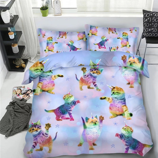3 Pieces Rainbow Unicorn Kitten Comforter Set Twin Size for Girls, 3d Kids Lightweight Quilts Pastel Pink Purple Kitty Bedding Sets Cat Pattern Shams