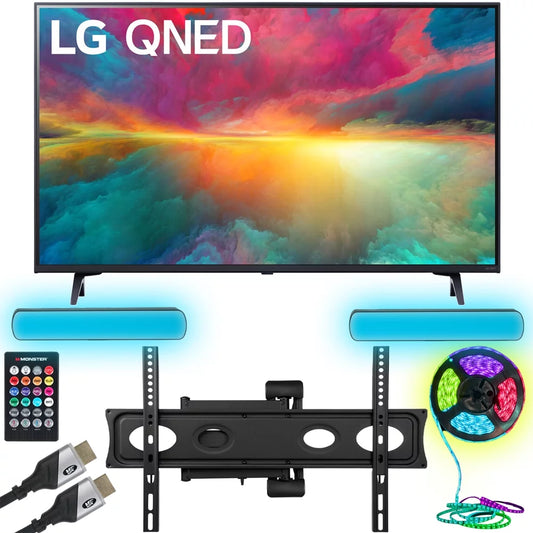 LG 50QNED75URA 50 Inch 4K HDR Smart Quantum Dot NanoCell TV (2023) Bundle with Monster TV Full Motion Wall Mount for 32-70 with 6 Piece Sound Reactive Lighting Kit