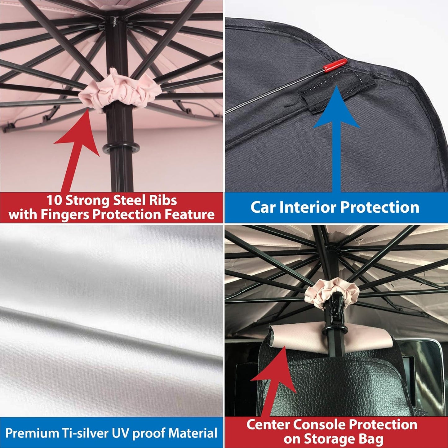 CoolnNice Premium Foldable Car Windshield Sun Shade Umbrella, Center Console & Fingers Protection Exclusive Features, Cover UV Block Front Window for Auto Cover Truck Sedan SUV Van Hatchback Luxury