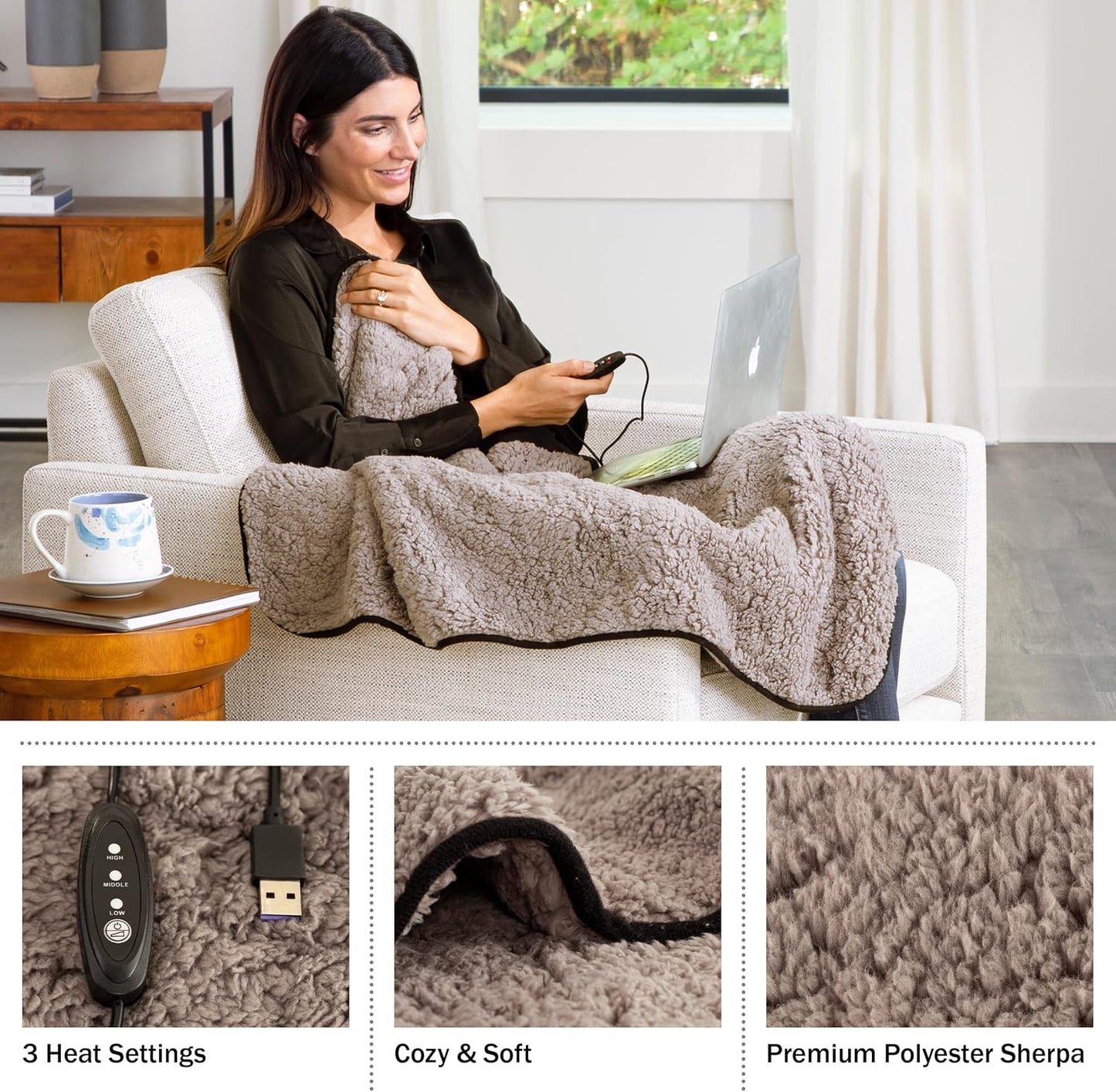 Stalwart Heated Blanket 2-Pack - USB-Powered Sherpa Throw Blankets for Travel, Home, Office, or Camping - Winter Car Accessories (Gray)
