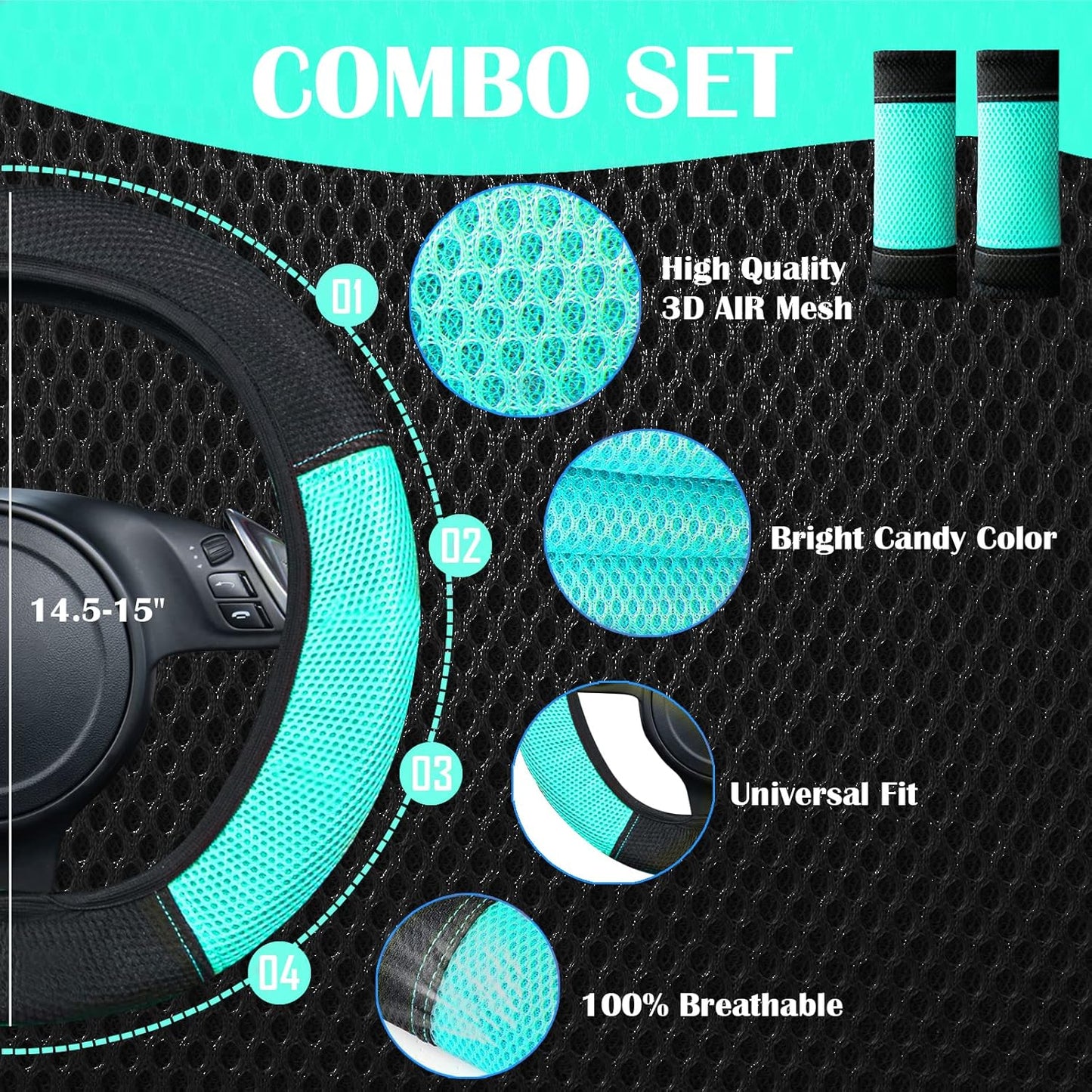CAR PASS Universal 13PCS 3D Air Mesh-100% Breathable Seat Covers Full Sets#Steering Wheel&Belt Cover #Airbag and Rear Split Bench Compatible#for 90% Automotive SUV Truck Cute Women Black Mint