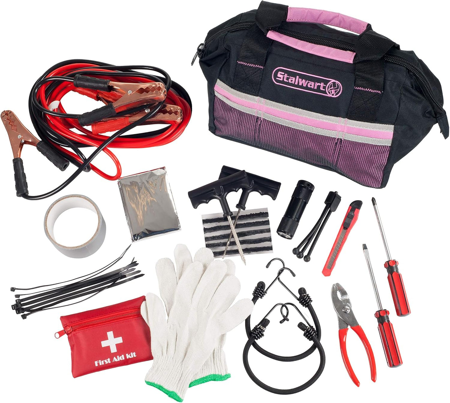 Roadside Emergency Car Kit - 55-Piece Car Accessories Set Includes Jumper Cables, Tools, Gloves, First Aid Kit, and Case by Stalwart (Pink)