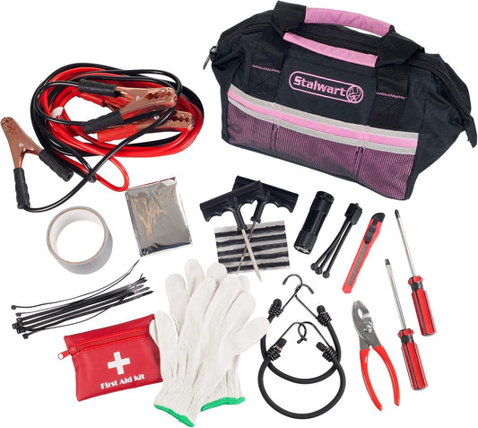 Roadside Emergency Car Kit - 55-Piece Car Accessories Set Includes Jumper Cables, Tools, Gloves, First Aid Kit, and Case by Stalwart (Pink)