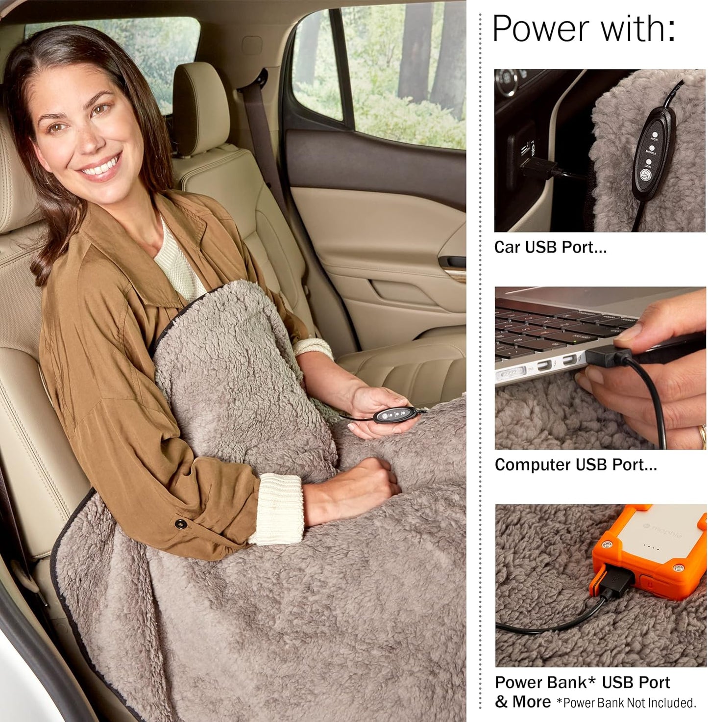 Stalwart Heated Blanket 2-Pack - USB-Powered Sherpa Throw Blankets for Travel, Home, Office, or Camping - Winter Car Accessories (Gray)