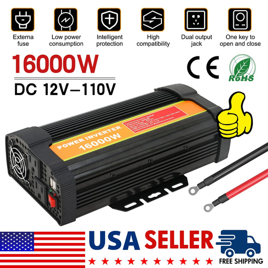 16000W Car Power Inverter DC 12V To AC 110V Pure Sine Wave Solar Converter LCD