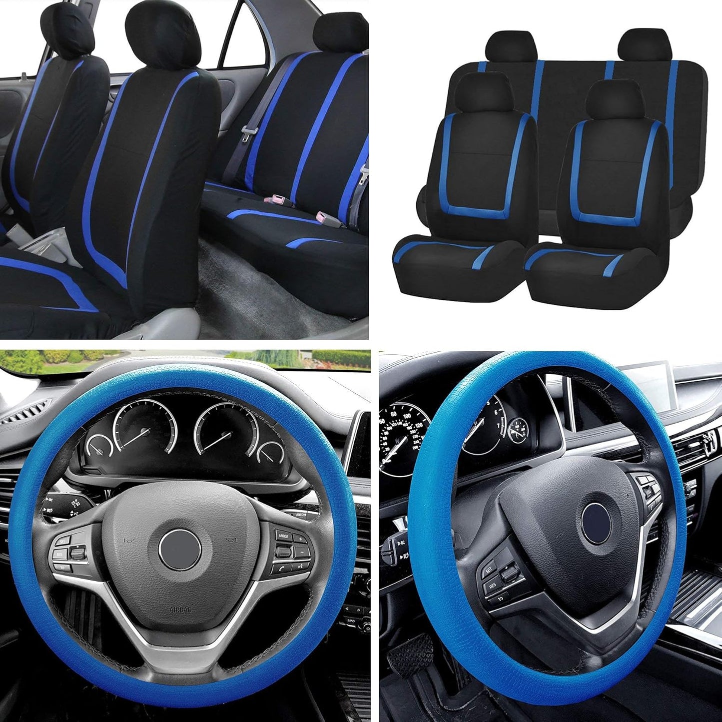 FH Group Unique Flat Cloth Full Set Car Seat Covers w. Silicone Steering Wheel Cover- Universal Fit for Most Cars, Trucks, SUVs or Vans (Pink/Black)