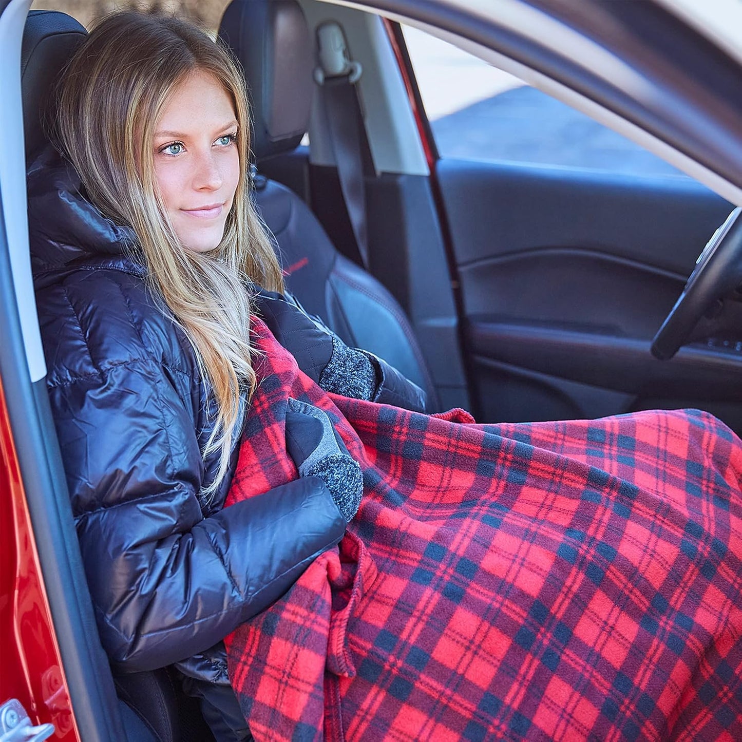 Electric Heater Car Blanket- Heated Travel Throw Electric Blanket for Car and RV, 12 volt by Stalwart- Red and Black