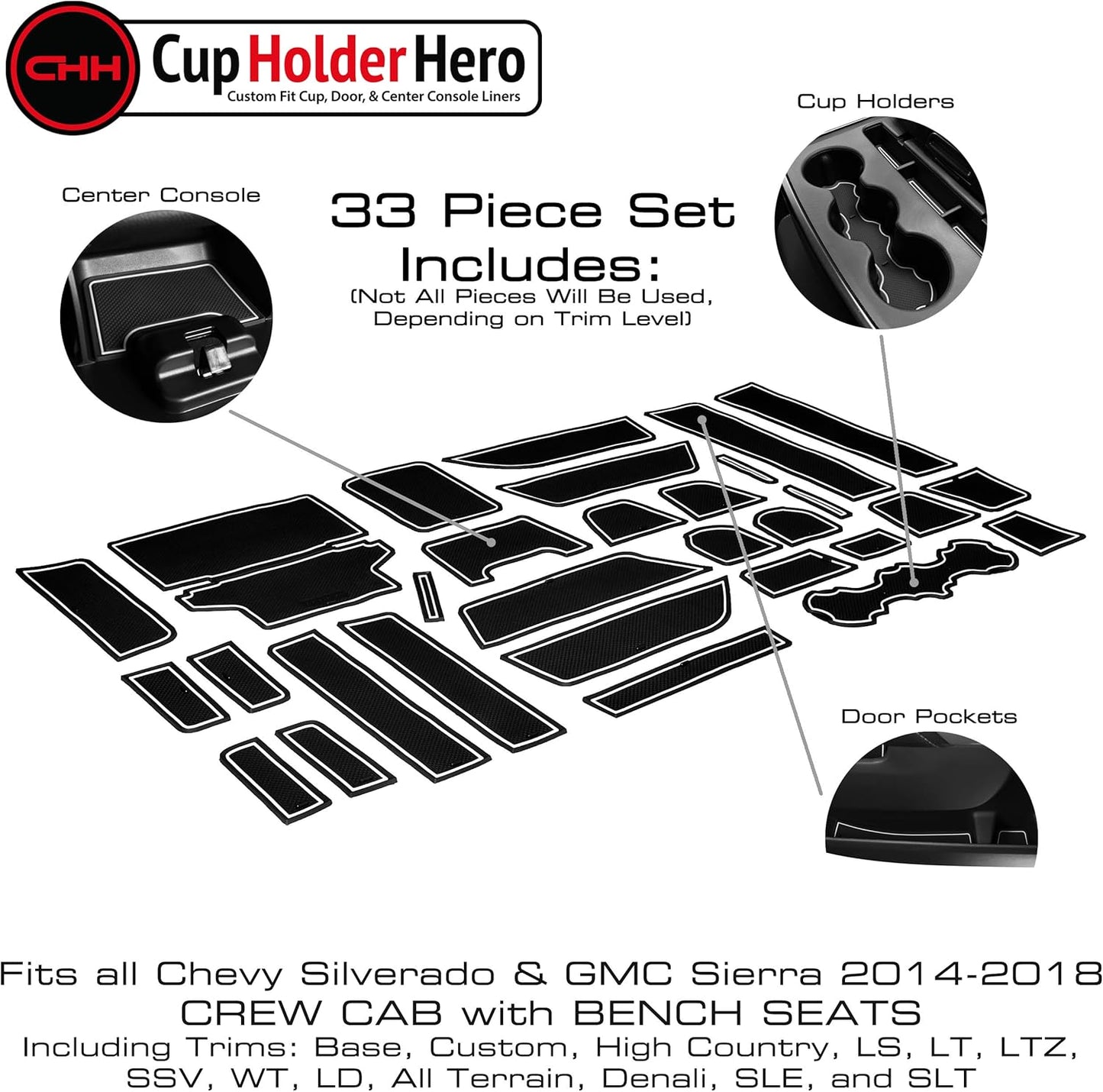 CupHolderHero fits Chevy Silverado 1500 Accessories & GMC Sierra 2014-2022 Premium Custom Interior Nonslip AntiDust CupHolder Insert,Console Liner Mats, 33pc Set (CrewCab with BenchSeats)(White Trim)