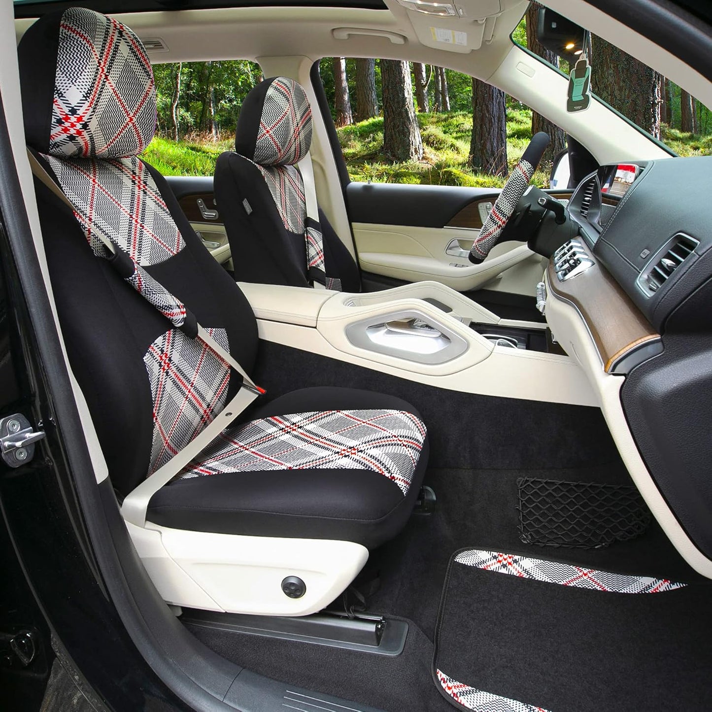 FH Group Car Seat Covers Full Set Plaid Print Cloth - Universal Fit Automotive Seat Covers, Low Back Front Seat Covers, Solid Back Seat Cover, Washable Car Seat Cover for SUV, Sedan, Van Beige