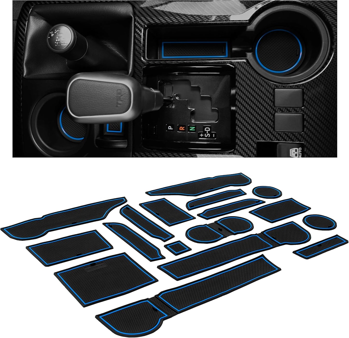 CupHolderHero Fits Toyota 4Runner 2019-2024 Accessories - Custom Non-Slip Anti-Dust Cup Holder Inserts, Center Console Liners, Door Pocket Mats, Interior Protection, 27pc Set, 2 Rows, Blue Trim