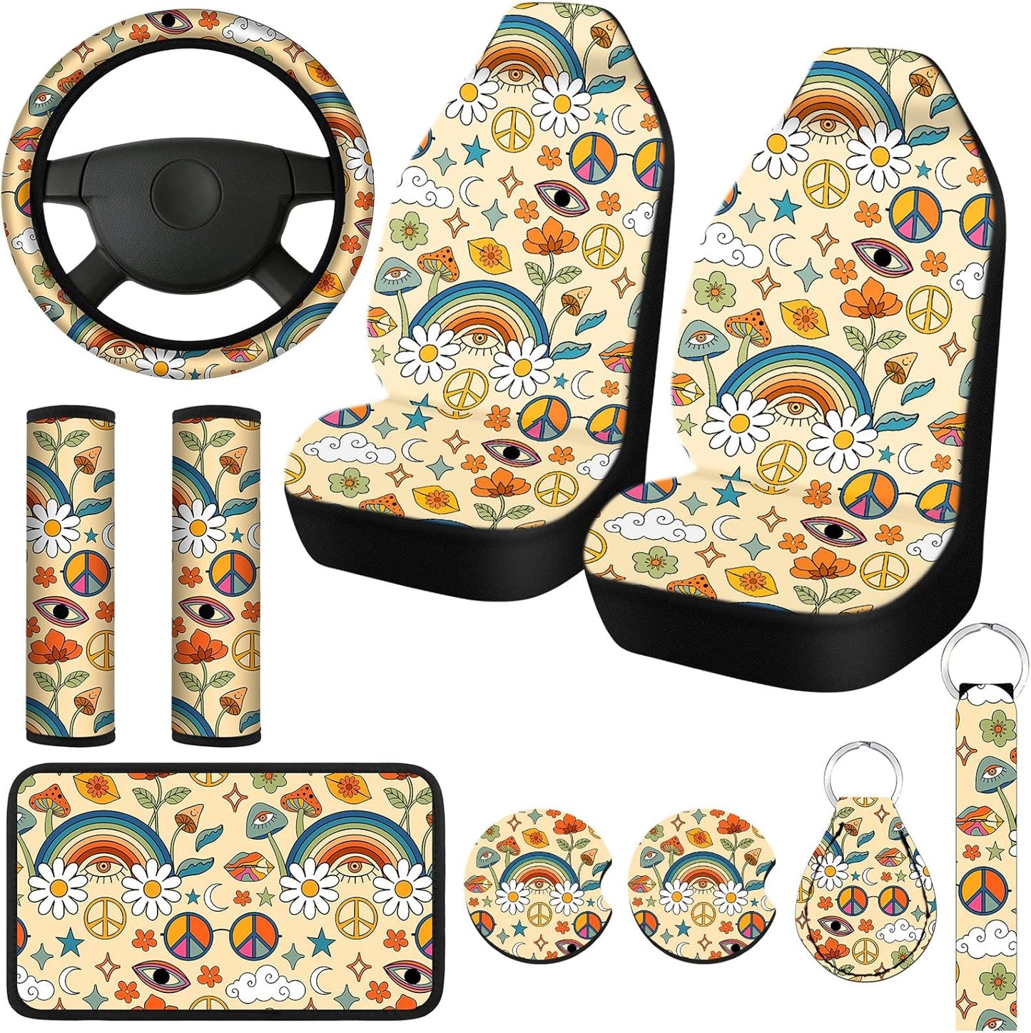Fiada 10 Pcs Moon Star Car Seat Covers Full Set Car Accessories for Women Front Seat Cover Steering Wheel Armrest Cover Belt Cover Cup Holder for Auto SUV Interior Decoration(Witch)