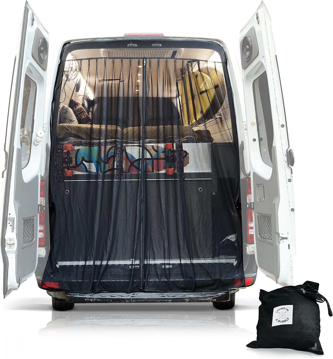 Living in a Bubble Van Bug Screen for Standard Roof Mercedes Benz Sprinter and Ford Transit, Universal Size Rear Door Flyscreen Mosquito Net, Center Zipper Closure