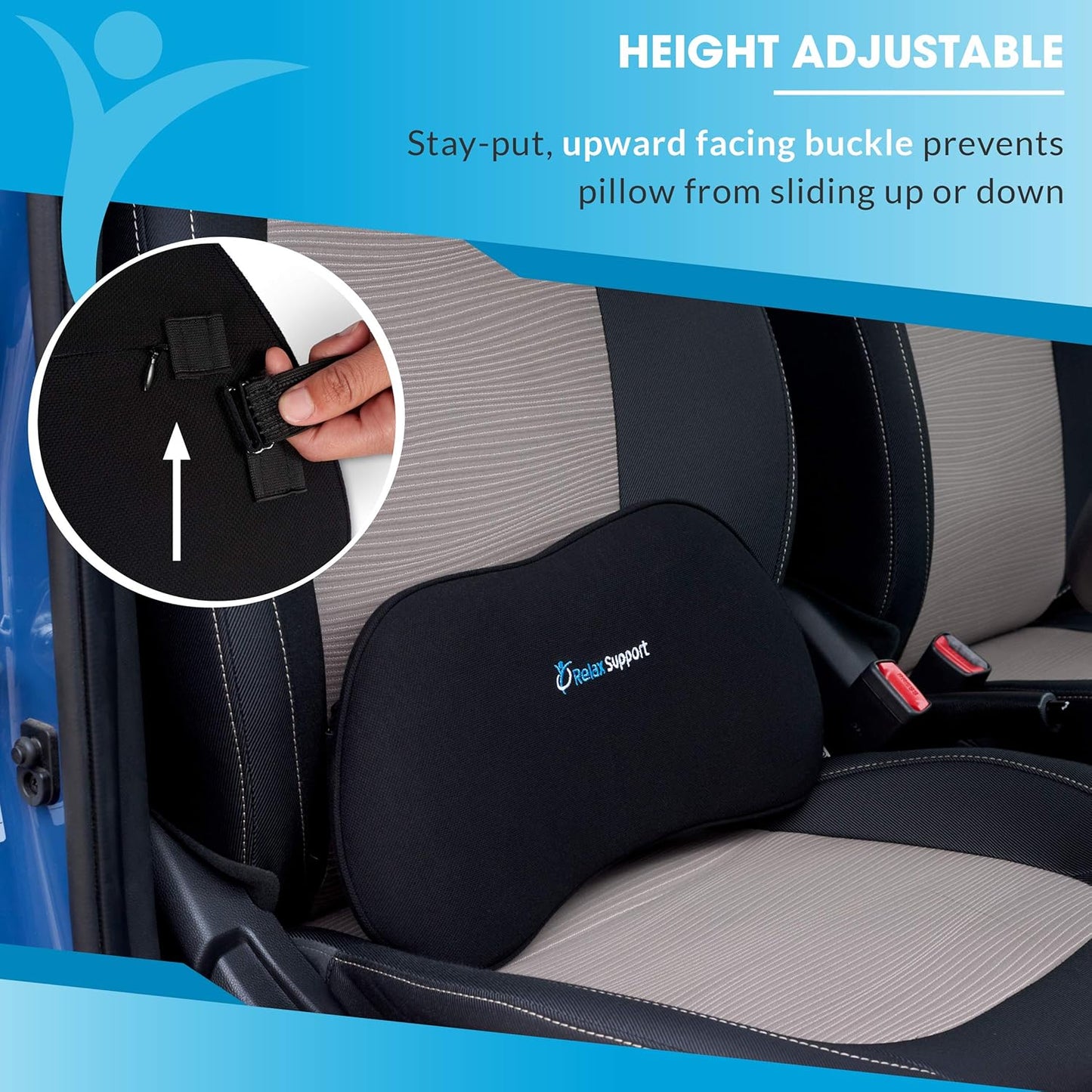 RELAX SUPPORT RS13-S Lumbar Support Pillow for Car - Full Memory Foam, Adjustable Dual Straps, Medium Firm - Promotes Good Spinal Posture&Comfortable Sitting While Driving - Back Support for Car Seat