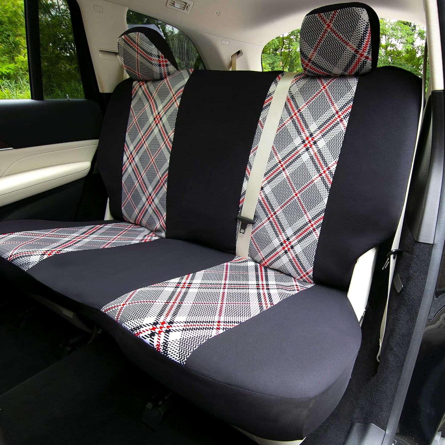 FH Group Car Seat Covers Full Set Plaid Print Cloth - Universal Fit Automotive Seat Covers, Low Back Front Seat Covers, Solid Back Seat Cover, Washable Car Seat Cover for SUV, Sedan, Van Beige