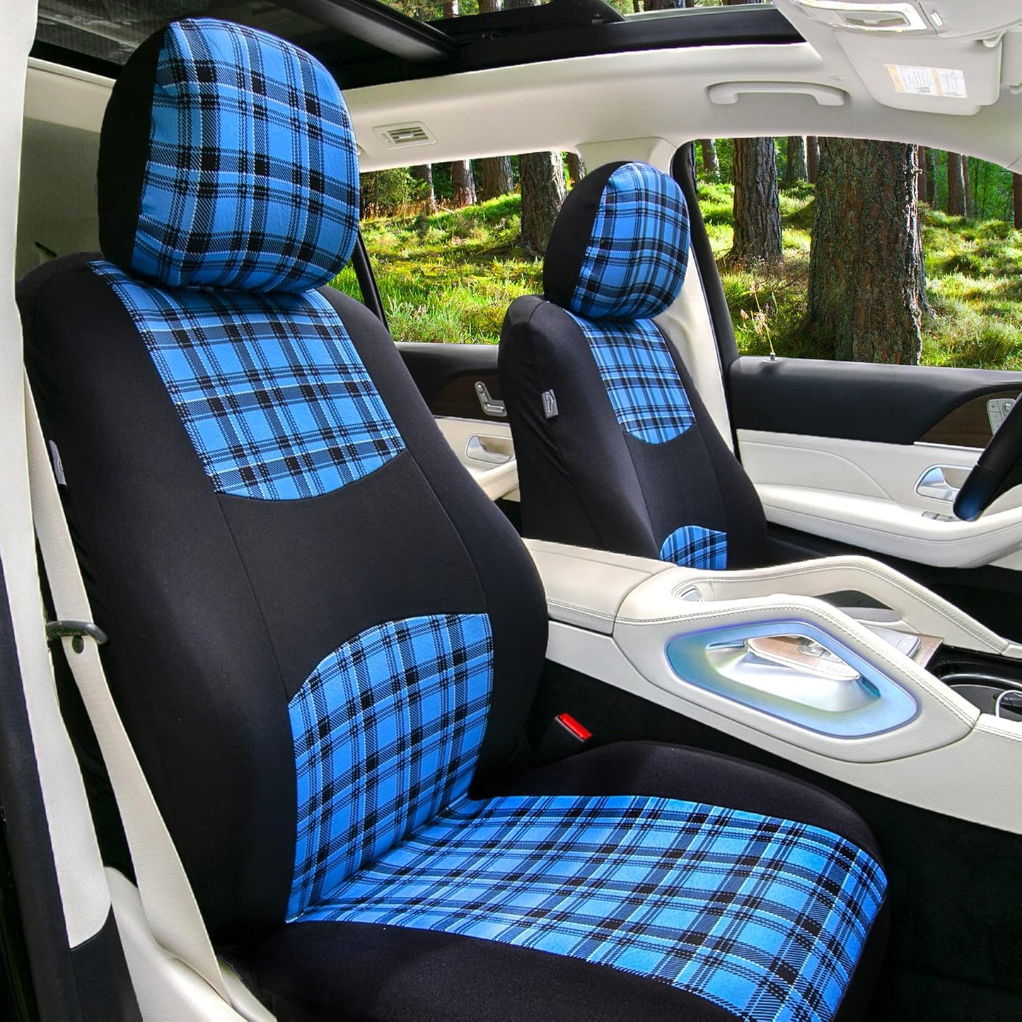 TLH Universal Car Seat Covers Tartan57 Plaid Print Blue Car Seat Covers Full Set in Flat Cloth, Automotive Interior Accessories Protector Universal Fit Seat Covers for Most Cars, Trucks, SUVs or Vans