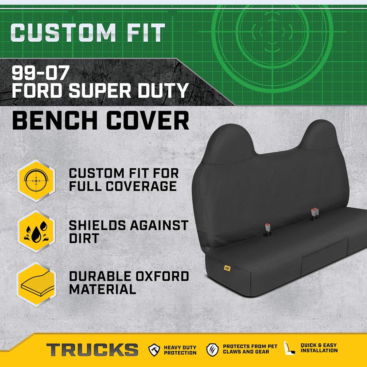 Caterpillar Custom Fit Front Bench Seat Cover for Ford F250 / F350 / F450 / F550 (1999-2007) - Durable Black Oxford Truck Seat Cover with Utility Pockets, Super Duty Interior Cover