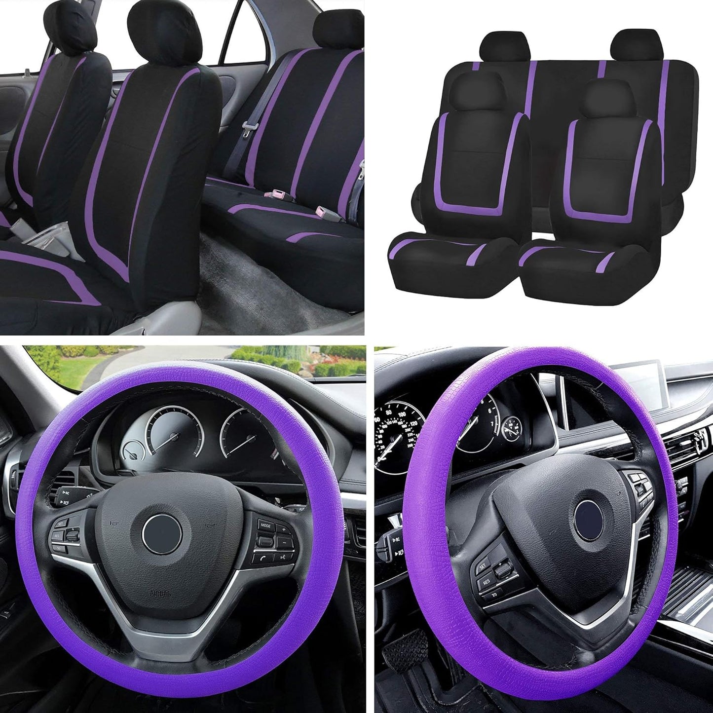 FH Group Unique Flat Cloth Full Set Car Seat Covers w. Silicone Steering Wheel Cover- Universal Fit for Most Cars, Trucks, SUVs or Vans (Pink/Black)