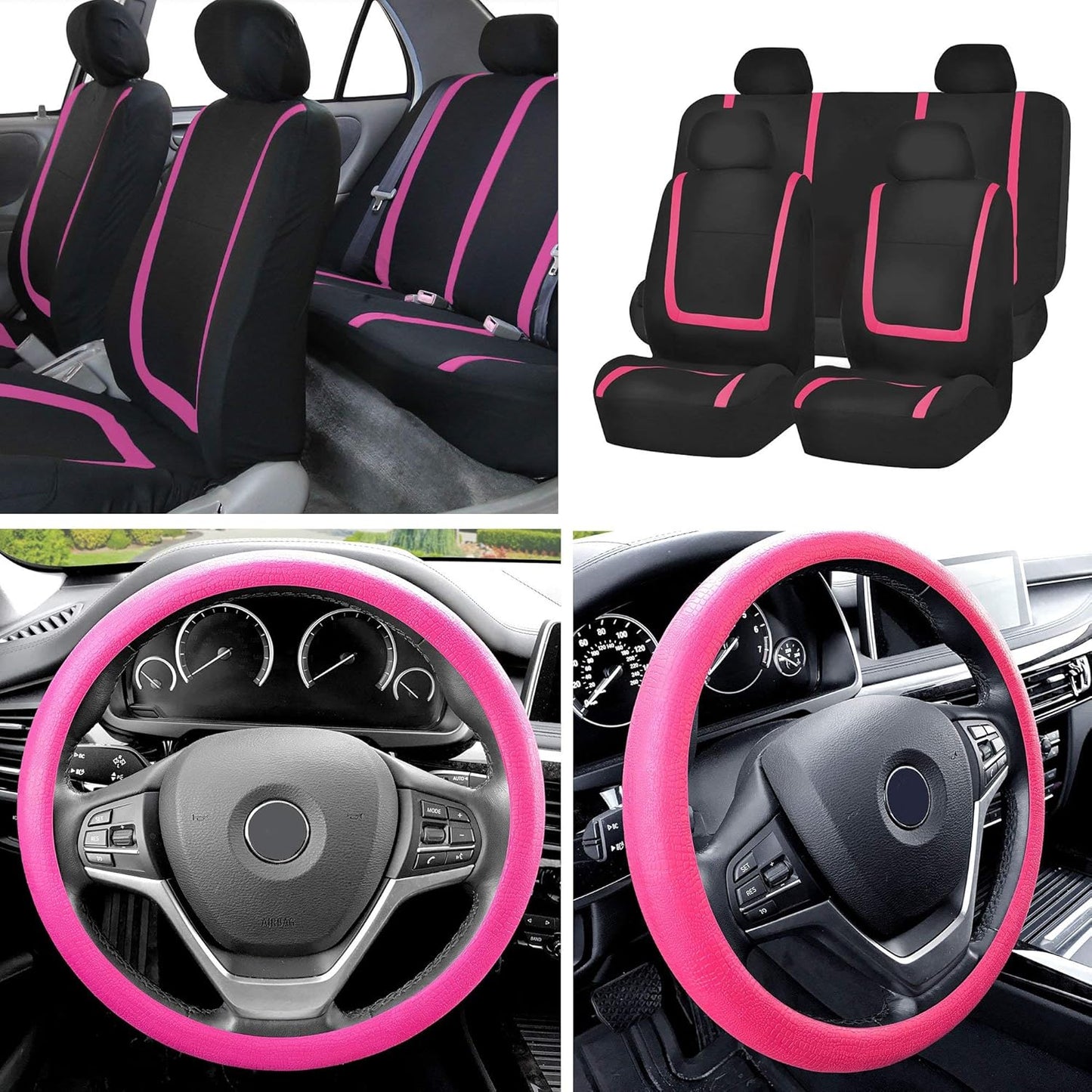 FH Group Unique Flat Cloth Full Set Car Seat Covers w. Silicone Steering Wheel Cover- Universal Fit for Most Cars, Trucks, SUVs or Vans (Pink/Black)