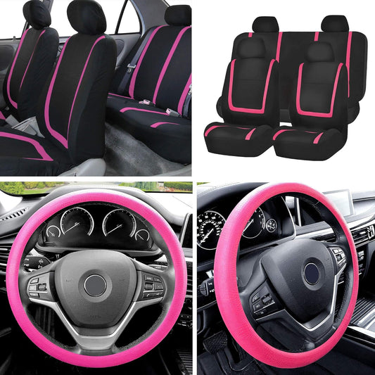 FH Group Unique Flat Cloth Full Set Car Seat Covers w. Silicone Steering Wheel Cover- Universal Fit for Most Cars, Trucks, SUVs or Vans (Pink/Black)