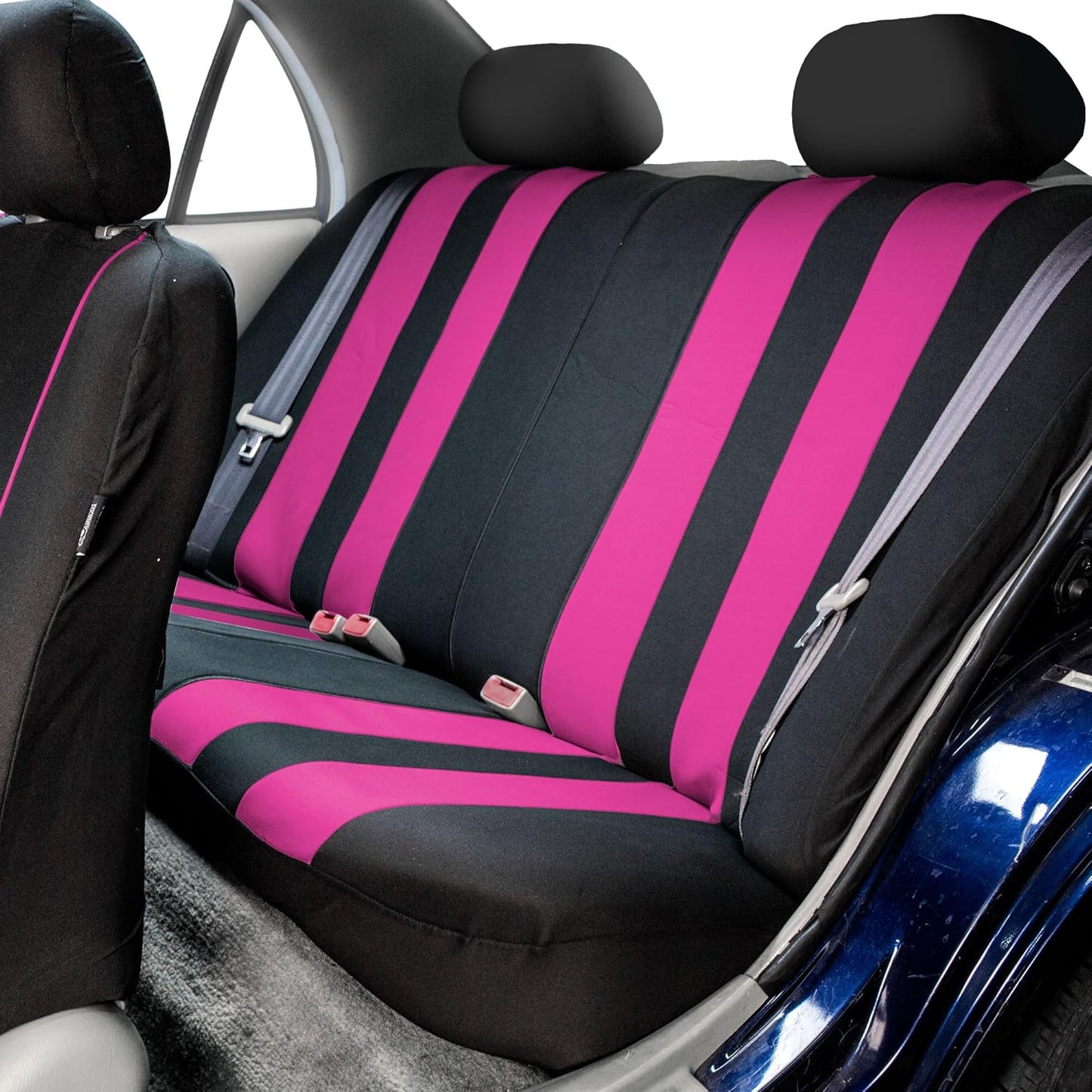FH Group Three Row 7 Seater Combo Set Striking Striped Car Seat Covers with Steering Wheel Cover and Seat Belt Pads - Universal Fit for Most Cars, Trucks, SUVs or Vans Pink/Black