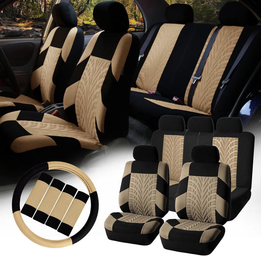 FH Group Car Seat Covers Interior Full Set Accessories Travel Master Car Accessories for Cars Vans Trucks and SUV - Airbag and Split Rear Beige Combo One Steering Wheel Cover, & Four Seat Belt Pads