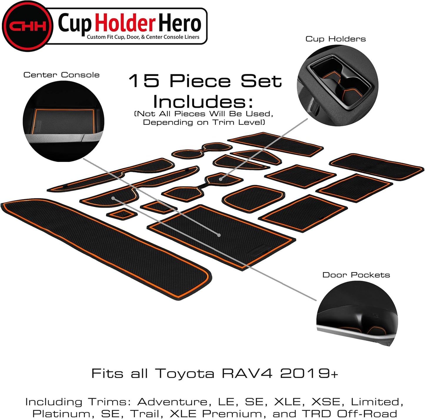 CupHolderHero Fits Toyota RAV4 2019-2024 Accessories - Premium Custom Non-Slip Anti-Dust Cup Holder Inserts, Center Console Liners, Door Pocket Mats, Interior Protection, 15pc Set, Orange Trim
