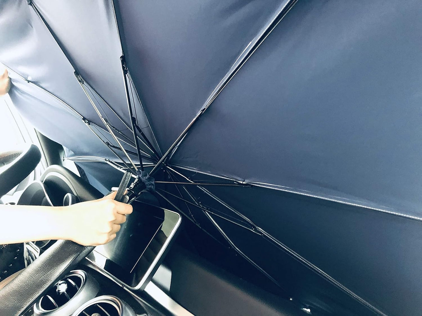 CoolnNice Premium Foldable Car Windshield Sun Shade Umbrella, Center Console & Fingers Protection Exclusive Features, Cover UV Block Front Window for Auto Cover Truck Sedan SUV Van Hatchback Luxury