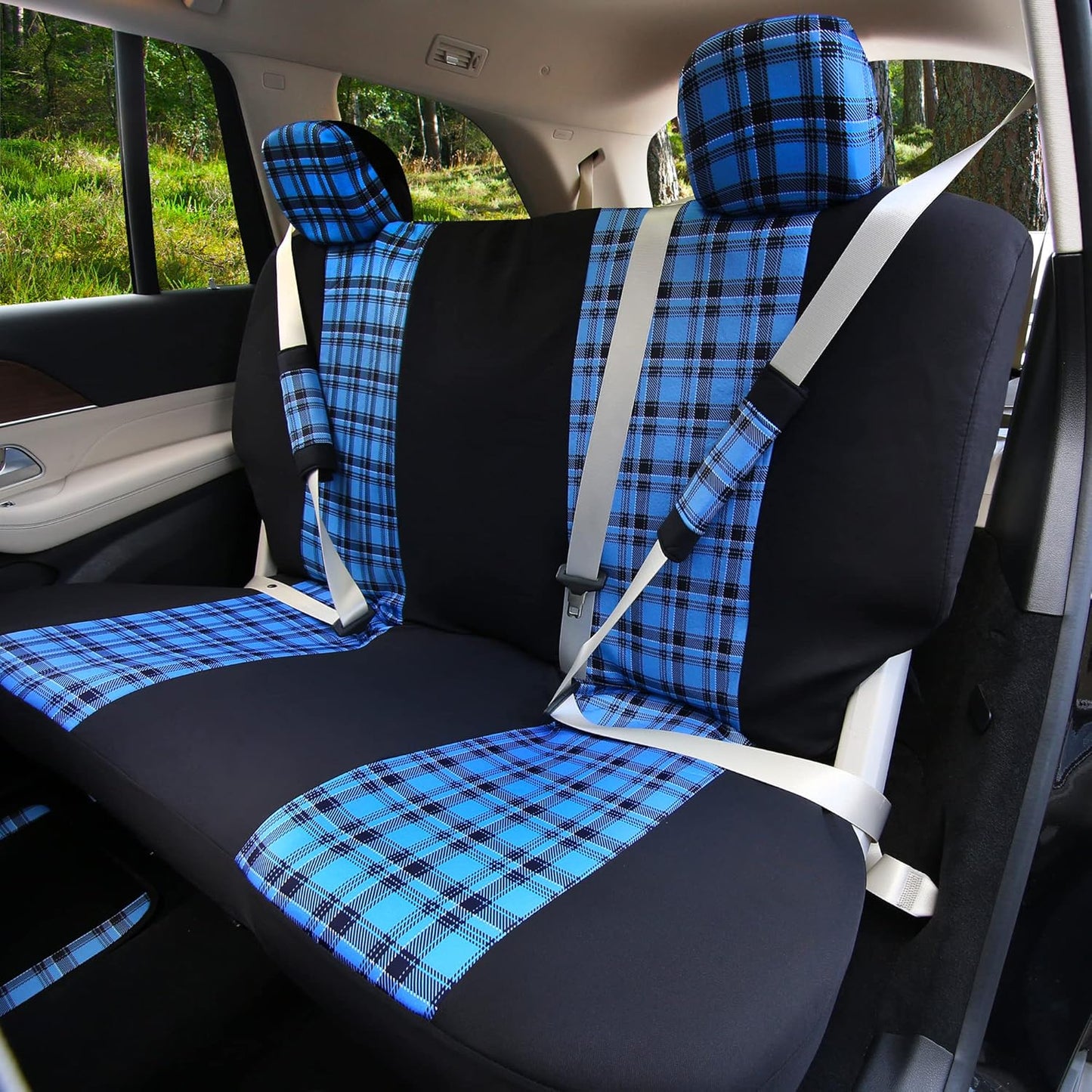 TLH Universal Car Seat Covers Tartan57 Plaid Print Blue Car Seat Covers Full Set in Flat Cloth, Automotive Interior Accessories Protector Universal Fit Seat Covers for Most Cars, Trucks, SUVs or Vans
