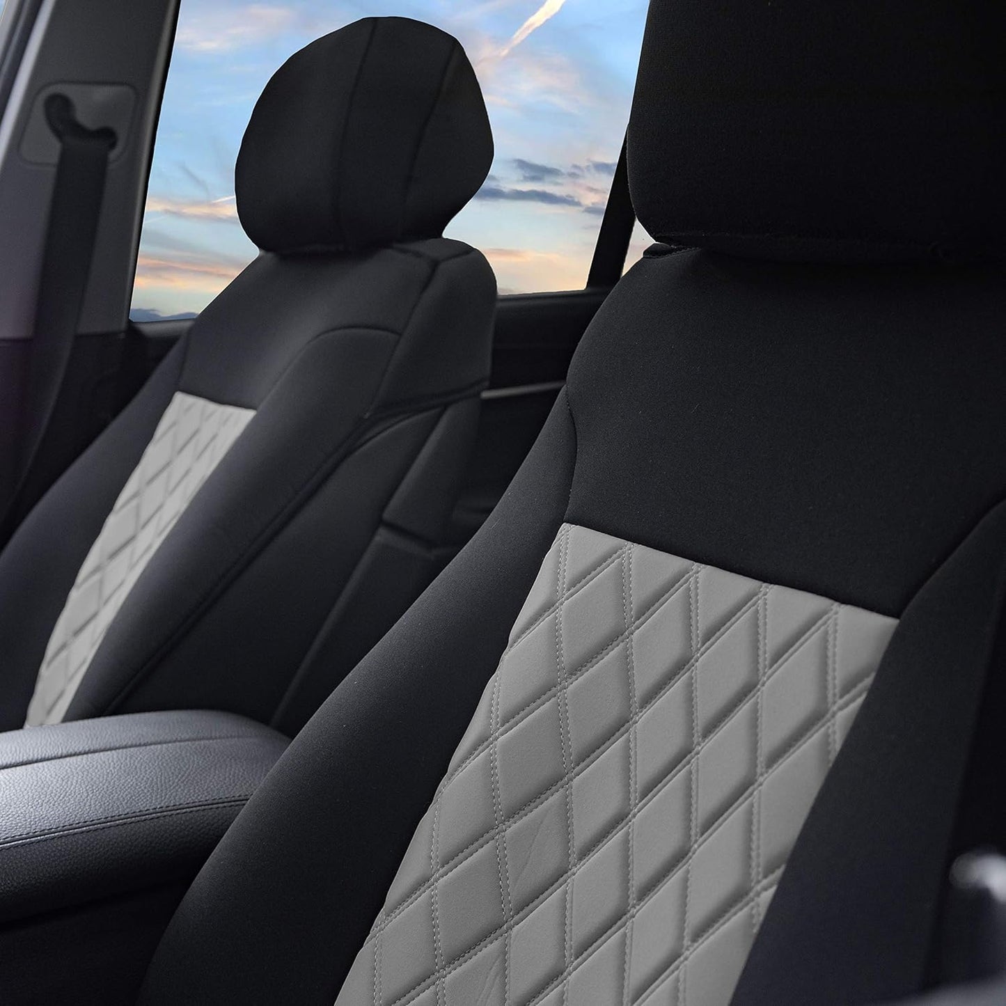 FH Group Front Set Neosupreme Car Seat Covers for Low Back Seats with Removable Headrest, Universal Fit, Airbag Compatible, Seat Cover for SUV, Gray/Black