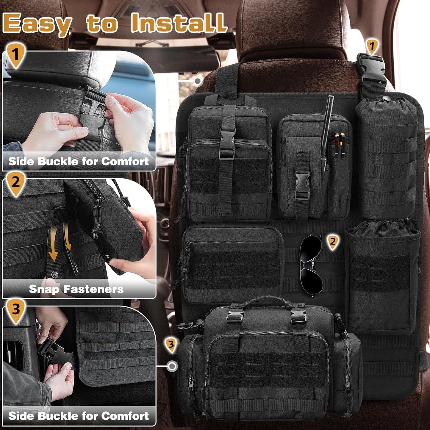 HODRANT Tactical Seat Back Organizer, Universal Car Seat Back Cover with 6 Different Size Molle Pouches, Tactical Gear Accessories Storage Bag for Front Seat Back of Truck, Pickup, SUV, Bag Only
