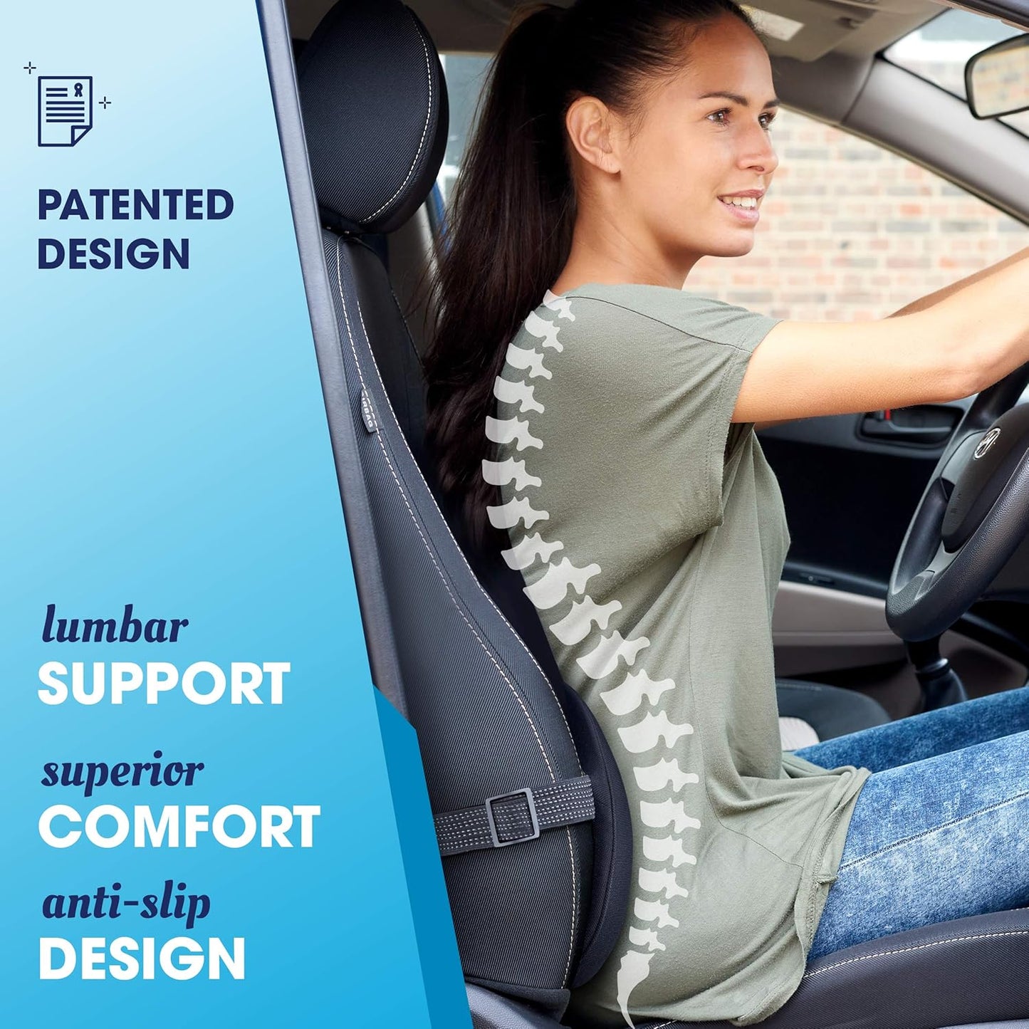 RELAX SUPPORT RS13-S Lumbar Support Pillow for Car - Full Memory Foam, Adjustable Dual Straps, Medium Firm - Promotes Good Spinal Posture&Comfortable Sitting While Driving - Back Support for Car Seat