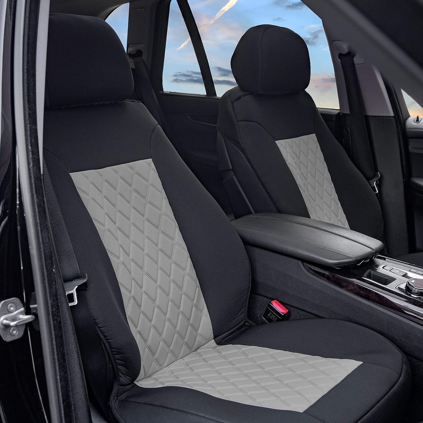 FH Group Front Set Neosupreme Car Seat Covers for Low Back Seats with Removable Headrest, Universal Fit, Airbag Compatible, Seat Cover for SUV, Gray/Black
